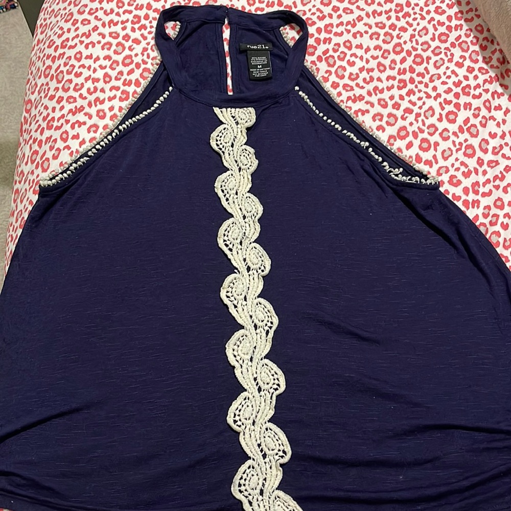rue 21 blue halter high neck tank top sleeveless blouse with lace detail